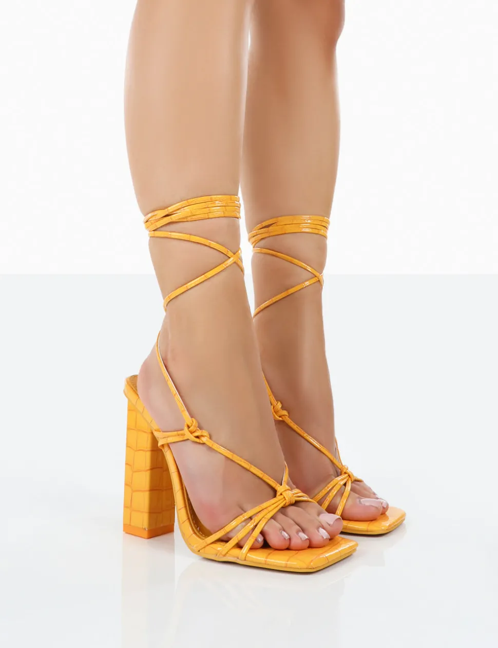 Sale Berry Croc Square Toe Strappy Lace Up Block Heels 4" Heels | Square Toe Heels
