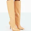 Shop Best Believe Caramel Croc Pointed Toe Stiletto Heeled Knee High Boots High Heels | Heeled Boots
