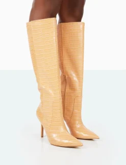 Shop Best Believe Caramel Croc Pointed Toe Stiletto Heeled Knee High Boots High Heels | Heeled Boots