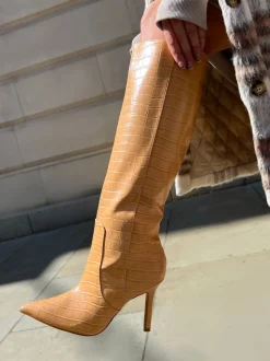 Shop Best Believe Caramel Croc Pointed Toe Stiletto Heeled Knee High Boots High Heels | Heeled Boots