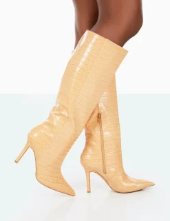 Shop Best Believe Caramel Croc Pointed Toe Stiletto Heeled Knee High Boots High Heels | Heeled Boots