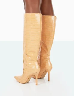 Shop Best Believe Caramel Croc Pointed Toe Stiletto Heeled Knee High Boots High Heels | Heeled Boots
