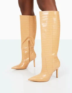 Shop Best Believe Caramel Croc Pointed Toe Stiletto Heeled Knee High Boots High Heels | Heeled Boots