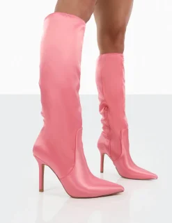 Cheap Best Believe Satin Pointed Toe Stiletto Heeled Knee High Boots High Heels | Heeled Boots
