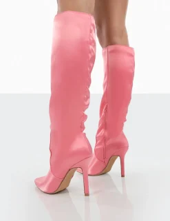 Cheap Best Believe Satin Pointed Toe Stiletto Heeled Knee High Boots High Heels | Heeled Boots