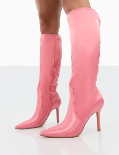 Cheap Best Believe Satin Pointed Toe Stiletto Heeled Knee High Boots High Heels | Heeled Boots