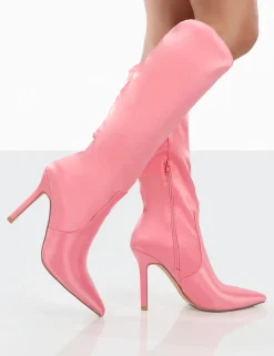 Cheap Best Believe Satin Pointed Toe Stiletto Heeled Knee High Boots High Heels | Heeled Boots