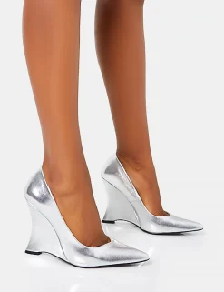 Store Betty Mirror Metallic Pu Inverted Wedge Pointed Court Heels Court Heels | Silver Heels