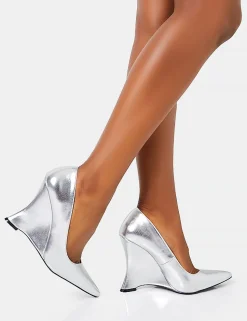 Store Betty Mirror Metallic Pu Inverted Wedge Pointed Court Heels Court Heels | Silver Heels