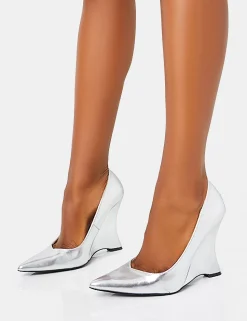 Store Betty Mirror Metallic Pu Inverted Wedge Pointed Court Heels Court Heels | Silver Heels