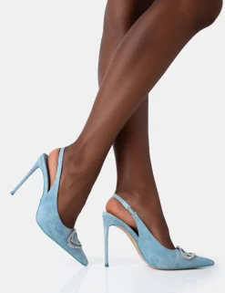 Cheap Blaise Washed Denim Bleach Diamante Trim Stiletto Slingback Court Diamante Heels | Court Heels