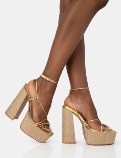 Flash Sale Blissful Asymmetric Strappy Square Toe Raffia Platform Block Heels 6" Heels | Strappy Heels