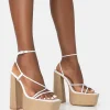Outlet Blissful PU Asymmetric Strappy Square Toe Raffia Platform Block Heels 6" Heels | Strappy Heels