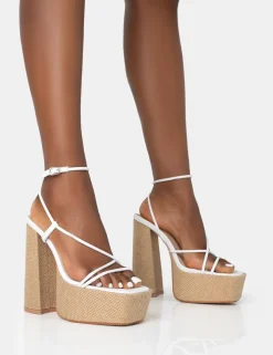 Outlet Blissful PU Asymmetric Strappy Square Toe Raffia Platform Block Heels 6" Heels | Strappy Heels