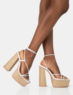 Outlet Blissful PU Asymmetric Strappy Square Toe Raffia Platform Block Heels 6" Heels | Strappy Heels