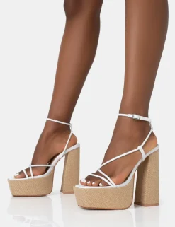 Outlet Blissful PU Asymmetric Strappy Square Toe Raffia Platform Block Heels 6