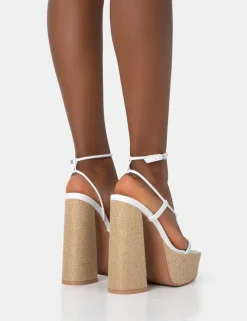 Outlet Blissful PU Asymmetric Strappy Square Toe Raffia Platform Block Heels 6