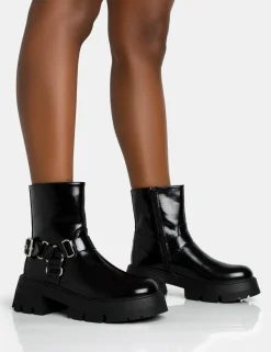Shop Blizzard Silver Metal Buckle Detailed Zip Up Chunky Ankle Boots Flat Boots | Chunky Boots