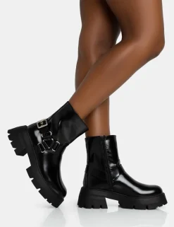 Shop Blizzard Silver Metal Buckle Detailed Zip Up Chunky Ankle Boots Flat Boots | Chunky Boots