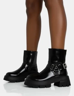 Shop Blizzard Silver Metal Buckle Detailed Zip Up Chunky Ankle Boots Flat Boots | Chunky Boots