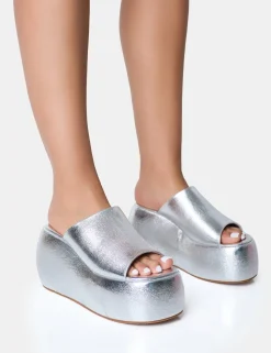 Hot Blue Moon Metallic Chunky Platform Wedge Sandals Silver Heels | Wedges