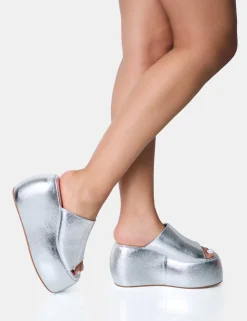 Hot Blue Moon Metallic Chunky Platform Wedge Sandals Silver Heels | Wedges