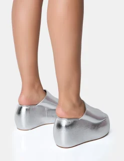 Hot Blue Moon Metallic Chunky Platform Wedge Sandals Silver Heels | Wedges