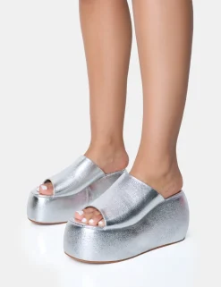 Hot Blue Moon Metallic Chunky Platform Wedge Sandals Silver Heels | Wedges