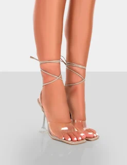 Best Sale Bly Patent Clear Perspex Cake Stand Lace Up Square Toe Heels 5" Heels | Square Toe Heels