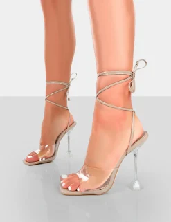 Best Sale Bly Patent Clear Perspex Cake Stand Lace Up Square Toe Heels 5
