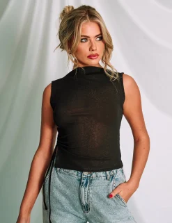 Clearance Boat Neck Mesh Top With Ruched Details Tops