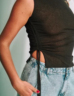 Clearance Boat Neck Mesh Top With Ruched Details Tops