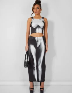 Cheap Body Heat Print Slinky Midaxi Skirt Co-ords