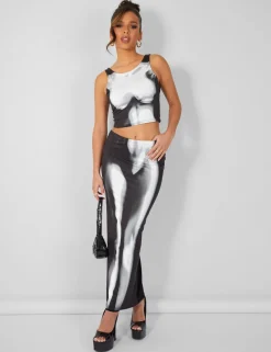 Cheap Body Heat Print Slinky Midaxi Skirt Co-ords