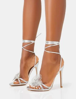 Cheap Bonny Metallic Flower Detail Barley There Stiletto High Heels Barely There Heels | Silver Heels