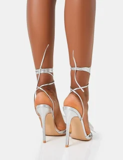 Cheap Bonny Metallic Flower Detail Barley There Stiletto High Heels Barely There Heels | Silver Heels