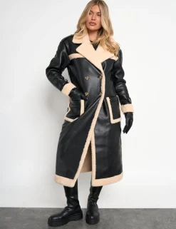 Shop Borg Lined Faux Leather Maxi Aviator Coat Outerwear & Jackets