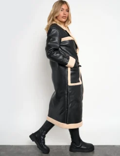 Shop Borg Lined Faux Leather Maxi Aviator Coat Outerwear & Jackets