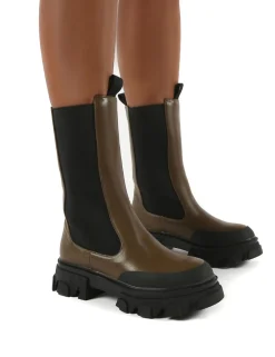 Best Boston Khaki Calf High Chunky Sole Boots Chunky Boots | Ankle Boots