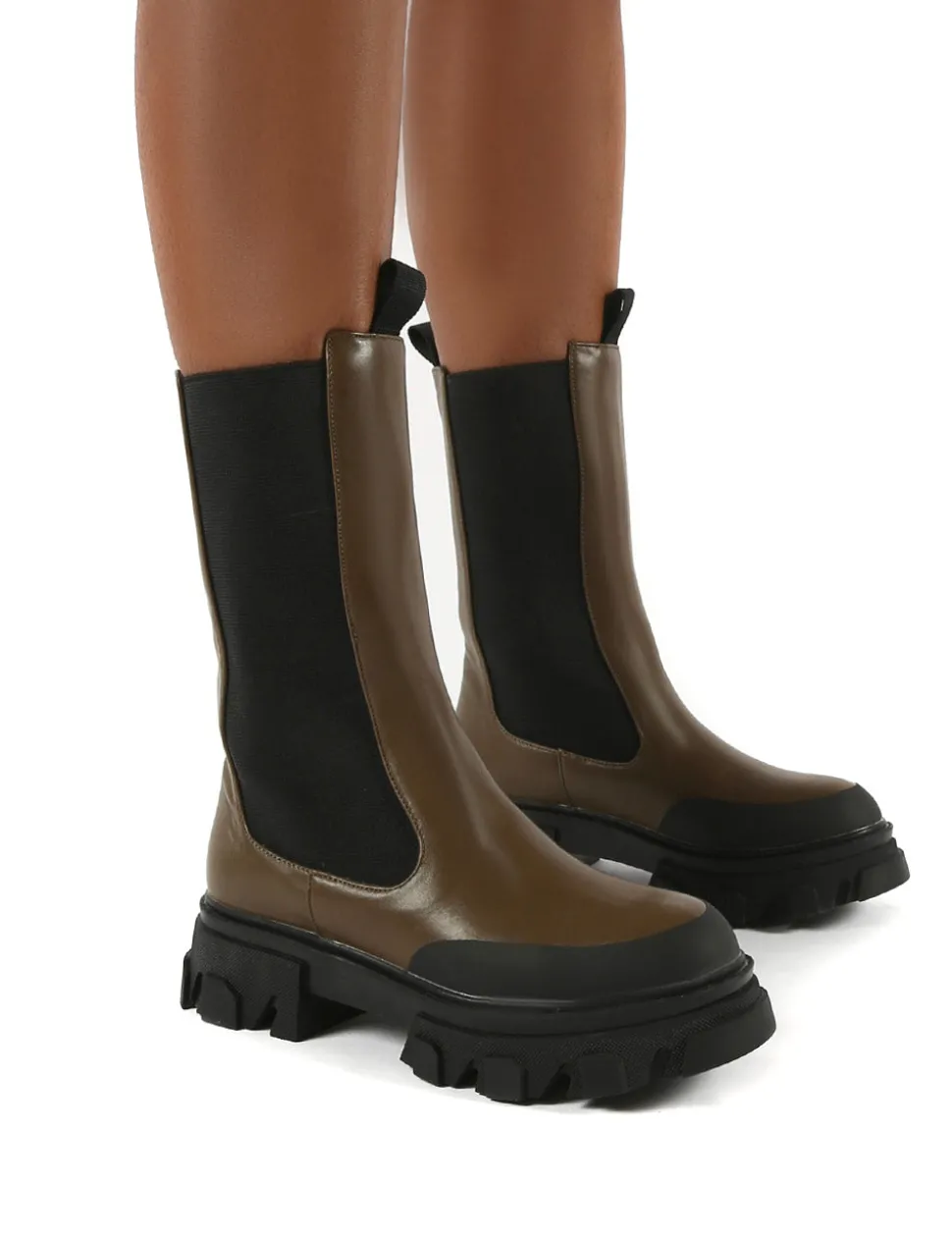 Best Boston Khaki Calf High Chunky Sole Boots Chunky Boots | Ankle Boots