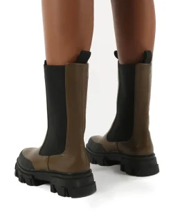 Best Boston Khaki Calf High Chunky Sole Boots Chunky Boots | Ankle Boots