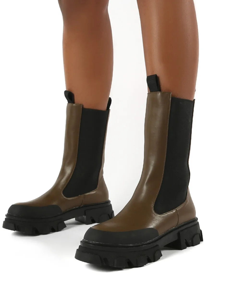 Best Boston Khaki Calf High Chunky Sole Boots Chunky Boots | Ankle Boots
