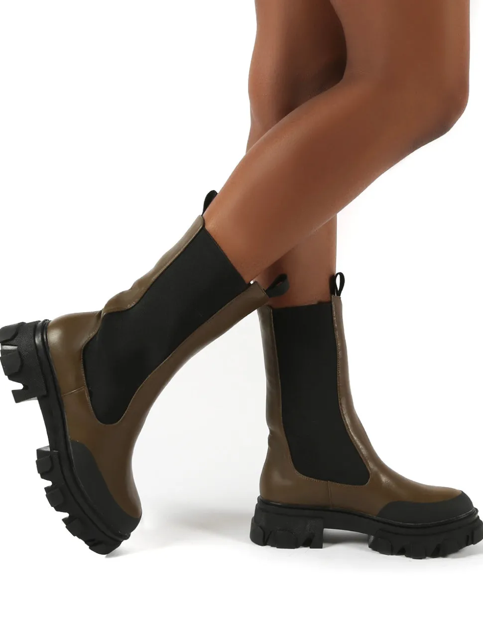 Best Boston Khaki Calf High Chunky Sole Boots Chunky Boots | Ankle Boots