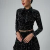 Clearance Bow Detail Sequin Long Sleeve Cropped Top Co-ords | Tops