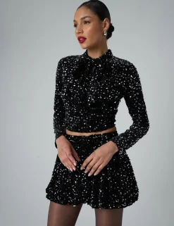 Clearance Bow Detail Sequin Long Sleeve Cropped Top Co-ords | Tops