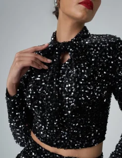 Clearance Bow Detail Sequin Long Sleeve Cropped Top Co-ords | Tops
