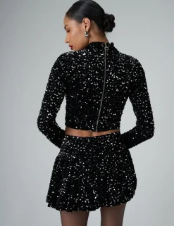 Clearance Bow Detail Sequin Long Sleeve Cropped Top Co-ords | Tops