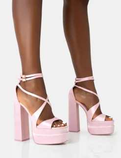 Hot Breanna Baby Satin Strappy Ankle Double Platform Block Heels Strappy Heels | Block Heels