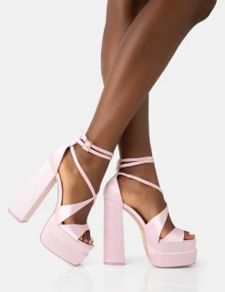 Hot Breanna Baby Satin Strappy Ankle Double Platform Block Heels Strappy Heels | Block Heels