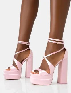Hot Breanna Baby Satin Strappy Ankle Double Platform Block Heels Strappy Heels | Block Heels